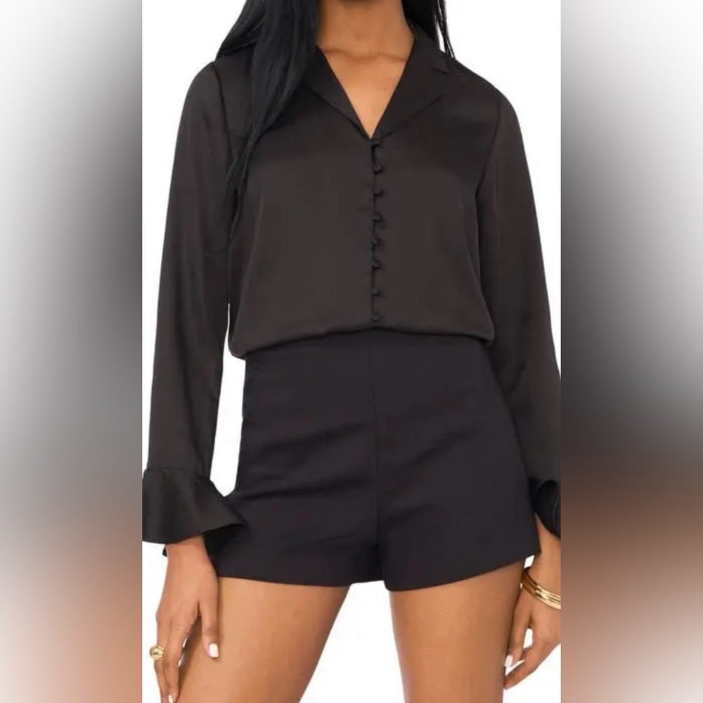1.STATE Bell Sleeve Satin Button-Up Shirt - Rich Black